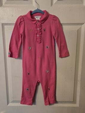 Ralph Lauren Pink Ruffle-Front Embroidered Footie One-Piece